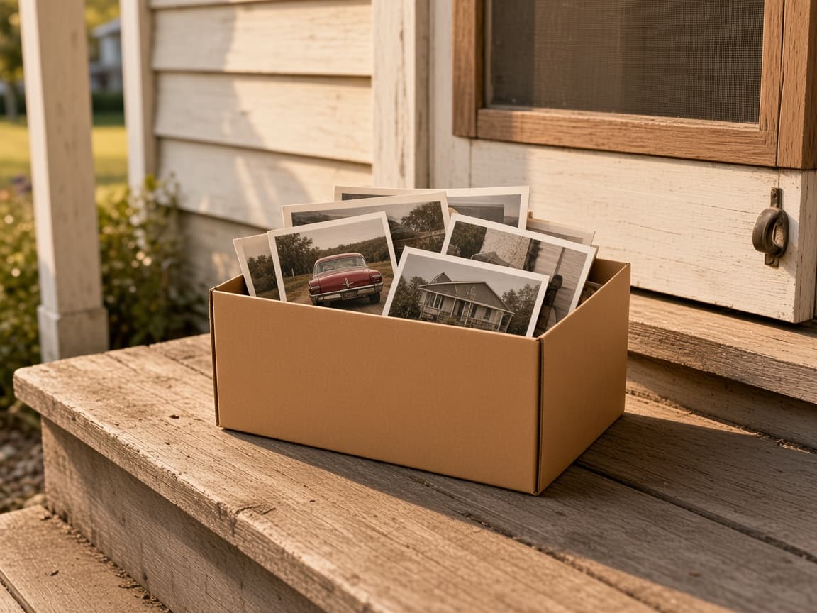 A shoebox of family snapshots on a front porch step.
