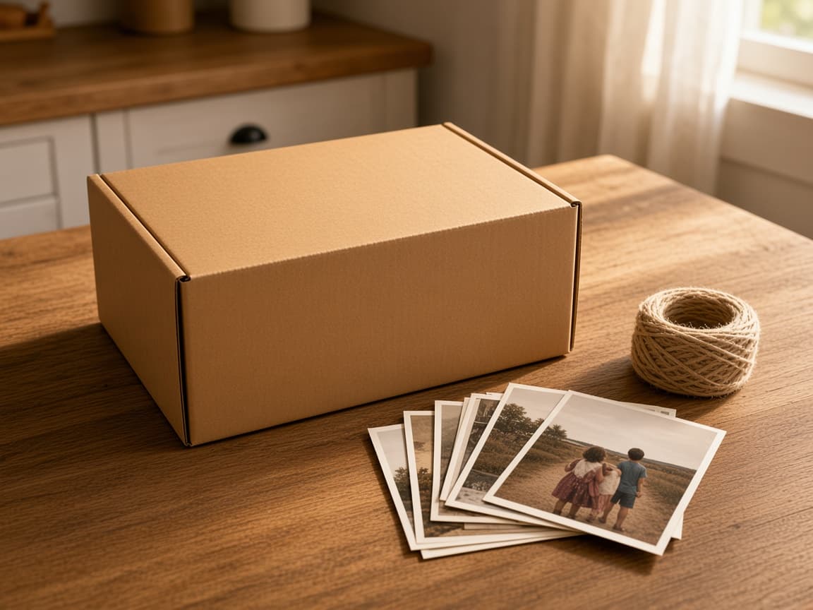 A closed shipping box beside a stack of photographs.
