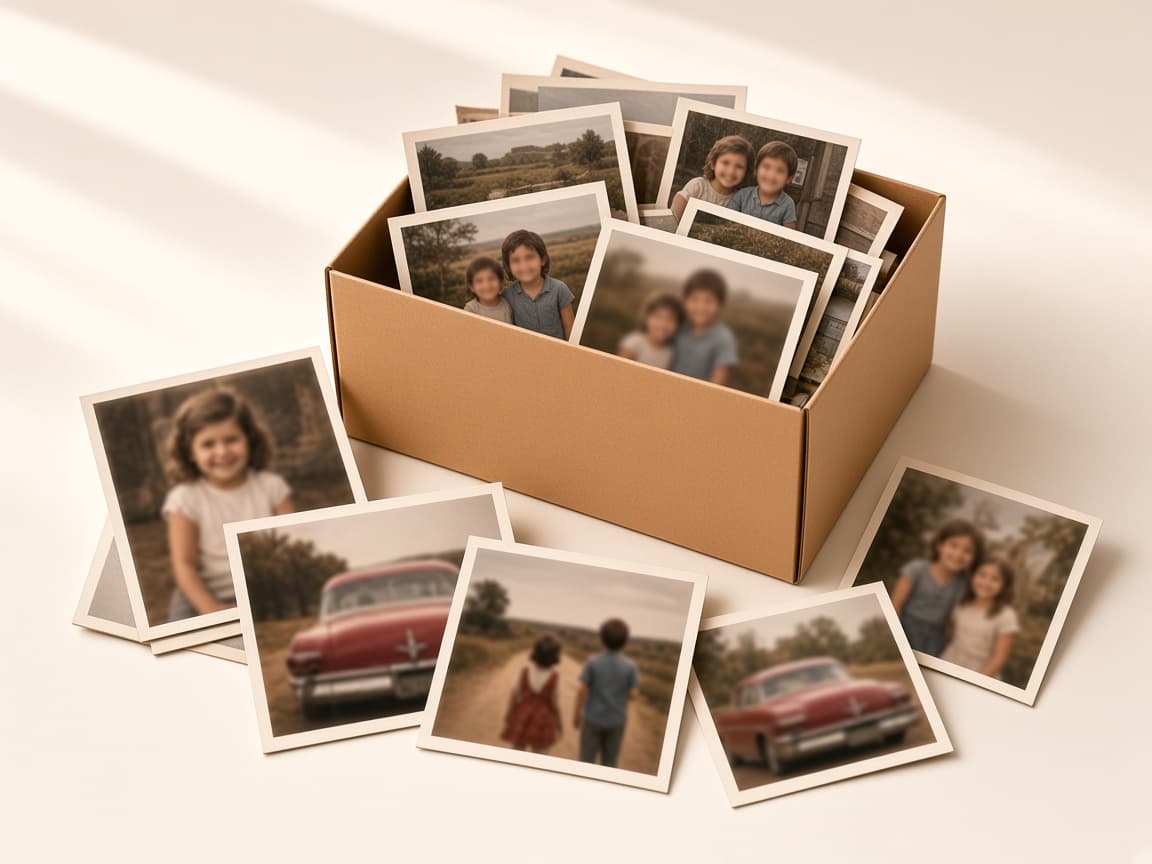 An open shoebox of loose family prints.